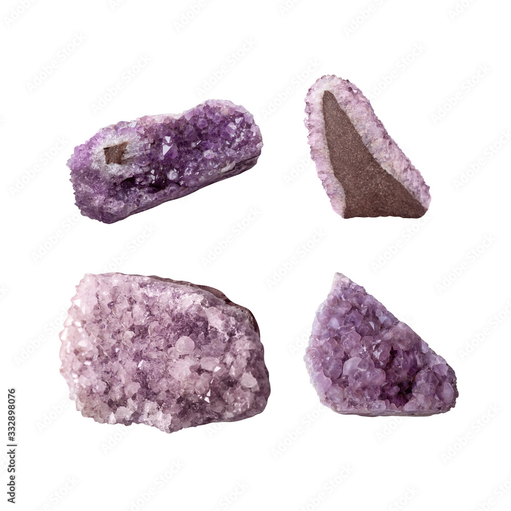 Set Amethyst stones with crystals. Purple color Rocks slice stock photo isolated on white background. Nature decoration pieces mineral Set Amethyst stones with crystals. Purple color Rocks slice stock photo isolated on white background. Nature decoration pieces mineral
