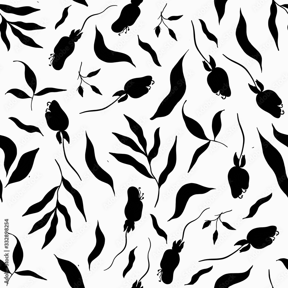seamless Botanical pattern of black flowers and leaves on a white ...