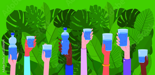 People of different nationalities holding glasses and bottles of clean water, who is thirsty? clean water for everyone, drinking water, potable water
