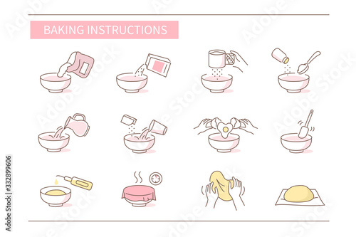 Instruction How to Prepare and Cook Dough for Bakery. Baking Ingredients and Food Preparation Symbols. Dough Flour Recipe. Flat Vector Illustration and Icons set.