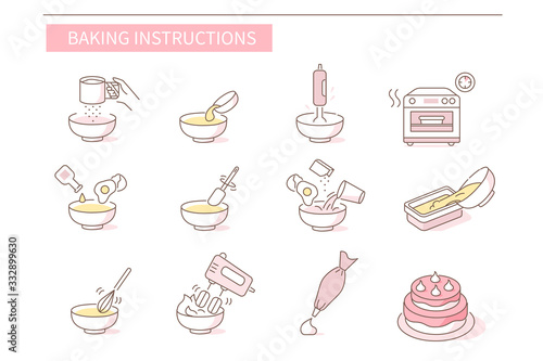 Instruction How to Prepare and Cook Dough and Cream for Pastry. Baking Ingredients and Food Preparation Symbols. Flour Dough, Cake and Biscuit Recipe. Flat Vector Illustration and Icons set.