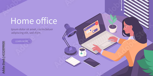 Woman Working at Home Office. Character Sitting at Desk in Room, Looking at Computer Screen and Talking with Colleagues Online. Home Office Concept.  Flat Isometric Vector Illustration.