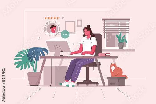 Woman Working at Home Office. Character Sitting at Desk in Cozy Room, Looking at Computer Screen and Talking with Colleagues Online. Home Office Concept.  Flat Cartoon Vector Illustration.