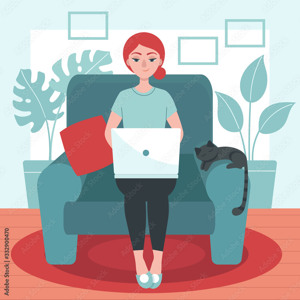 Young woman with laptop sitting on a Chair. Concept of freelance, telework, distance job,temporary isolation. Prevention of coronavirus. Stay at home. Flat vector illustration. Young woman with laptop sitting on a Chair. Concept of freelance, telework, distance job,temporary isolation. Prevention of coronavirus. Stay at home. Flat vector illustration.