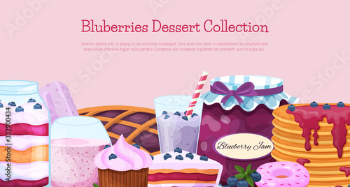 Poster of sweet blueberry dessert collection icon. Banner concept berry dessert. Blueberry smoothie, yogurt, lemonade, ice cream, muffin, cupcake, smoothie and jam. Cartoon style. Vector illustration.