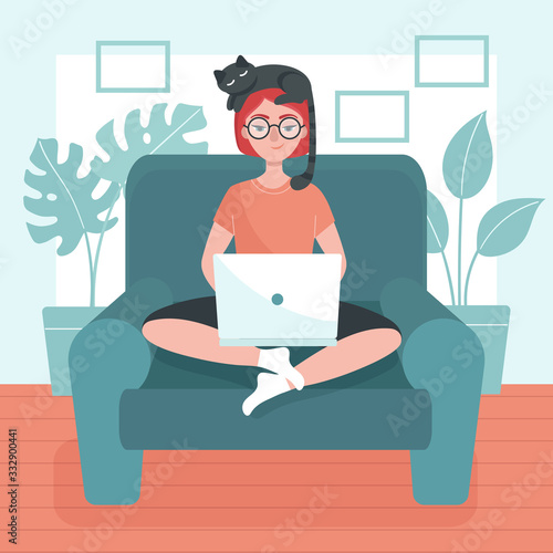 Young woman with laptop sitting on a Chair. Concept of freelance, telework, distance job,temporary isolation. Prevention of coronavirus. Stay at home. Flat vector illustration.