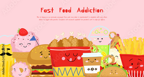 Fast food addiction banner, poster. Concept junk food object: burger, ice cream, coffee, hot dog, donut, cheesecake, chicken, french fries, smoothie for cafe, bar. Cartoon style. Vector illustration.