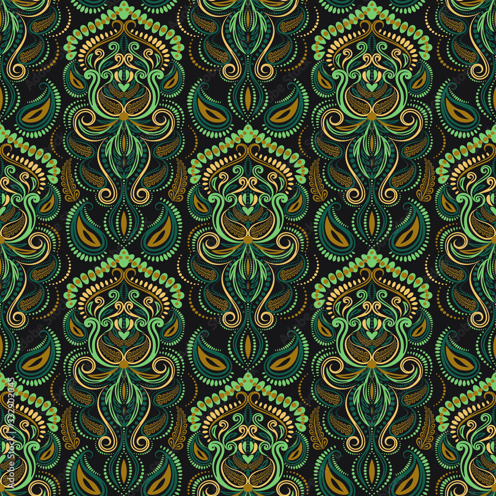 Paisley traditional seamless pattern in vector. Luxury fabric yellow green