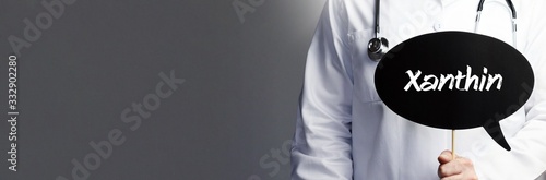 Xanthin. Arzt im Kittel hält Sprechblase hoch. Das Wort Xanthin steht im Schild. Symbol für Krankheit, Gesundheit, Medizin photo