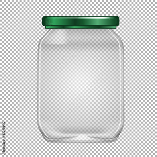 Empty glass jar with green lid on transparent background