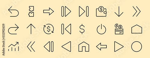 Set of line arrows, directions, arrows, contains icons such as pause, continuation, directly, to the right, Editable stroke. 480x480, On a white background, Vector illustration