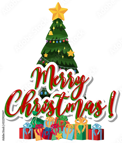 Font design template for merry christmas with tree and presents