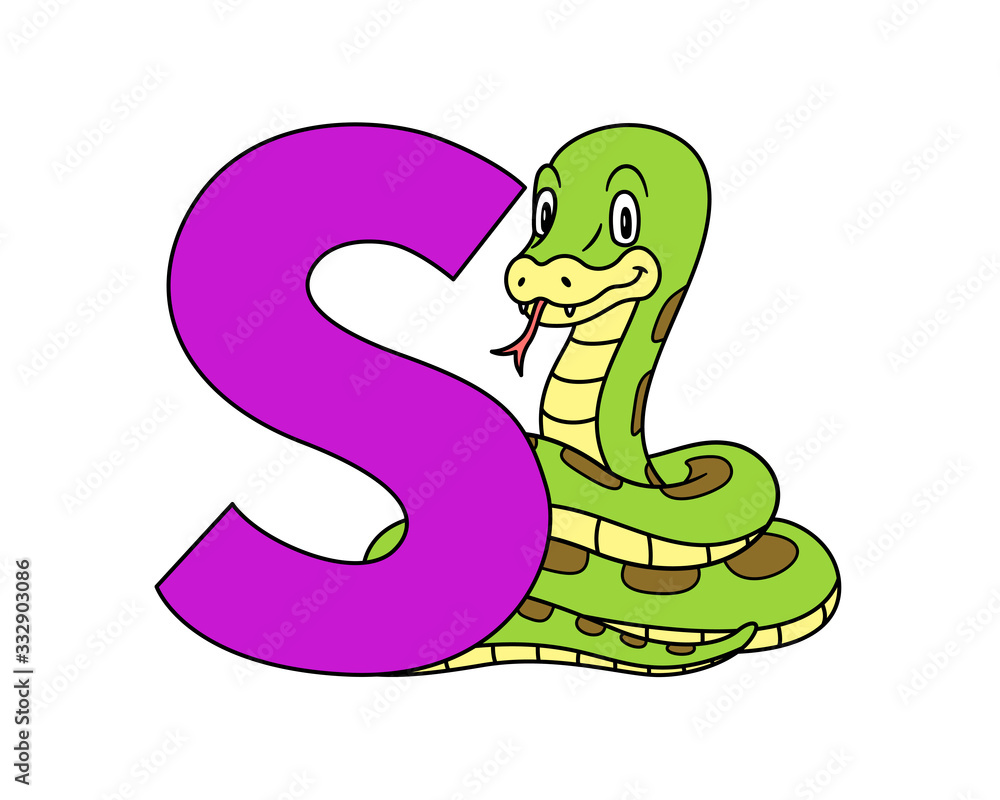 Fototapeta premium Animal alphabet. capital letter S, Snake. Raster illustration. For pre school education, kindergarten and foreign language learning for kids and children. For print and books, zoo topic.
