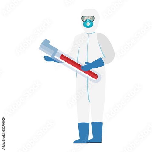 person with biohazard suit protection and tube test vector illustration design