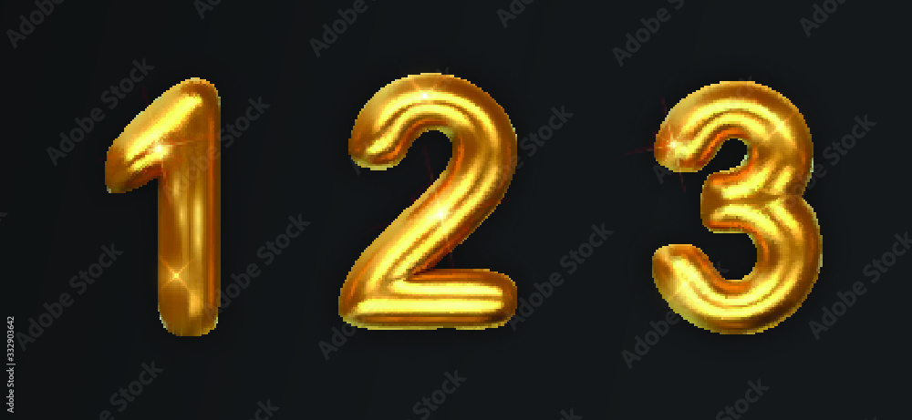 Golden numbers set isolated on dark. Realistic gold shiny numbers 1 to 3 with shadow. Decoration elements for banner, cover, birthday or anniversary party invitation design.
