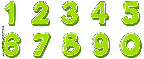Font design for numbers one to zero on white background
