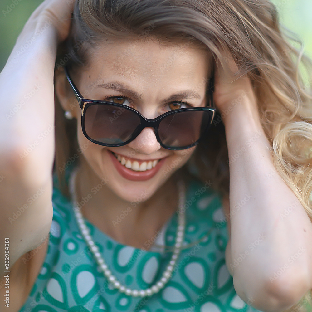cheerful blonde in sunglasses / young beautiful girl, sunglasses, woman summer look cheerful blonde in sunglasses / young beautiful girl, sunglasses, woman summer look