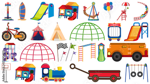 Big set of different play stations and transportations on white background