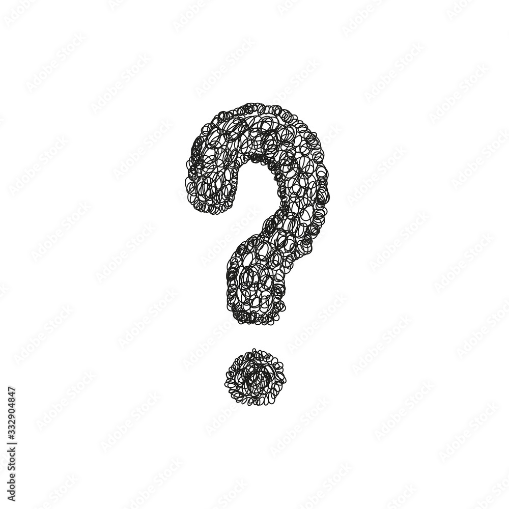 Naklejka premium Question mark hand drawn doodle icon. Quiz symbol insane tangled scribble. FAQ sign on white background. Vector illustration.