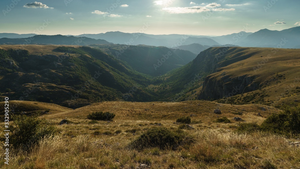 View of a ravine on a mountain plateau Durmitor national Park on a summer evening in Montenegro
