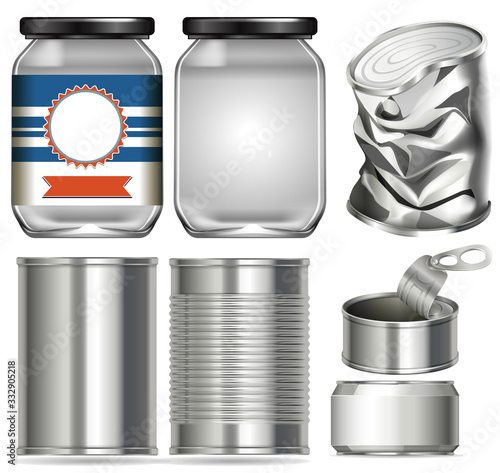 Set of different containers made of glass and aluminium