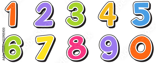 Font design for numbers one to zero on white background