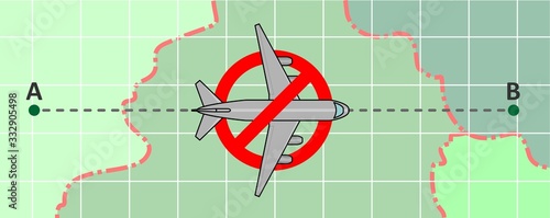 suspension, stop of flight communication, flights. Closing the borders of countries, covid-19, coronavirus. Vector airplane in prohibition sign, on a map background. Fly from point A to point B.
