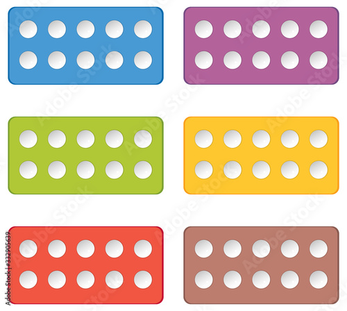 Colorful domino pieces with ten white dots on white background