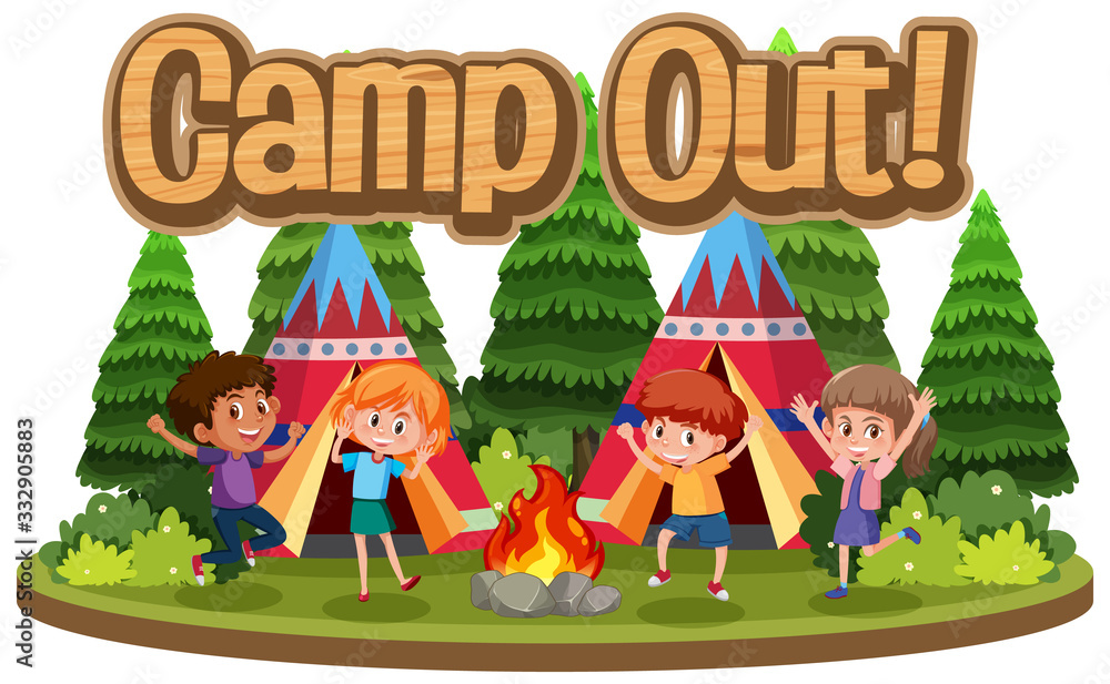 Font design for word camp out with happy kids in forest Font design for word camp out with happy kids in forest