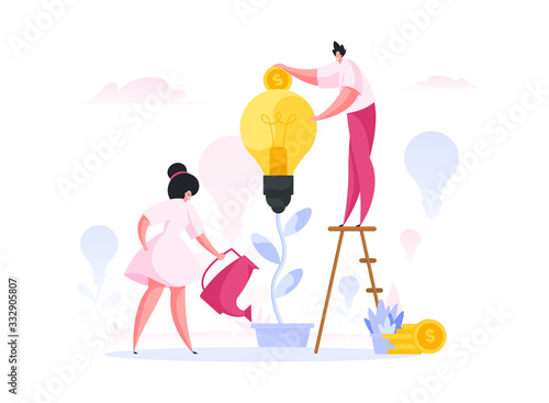 Modern people nurturing creative idea. Flat vector illustration