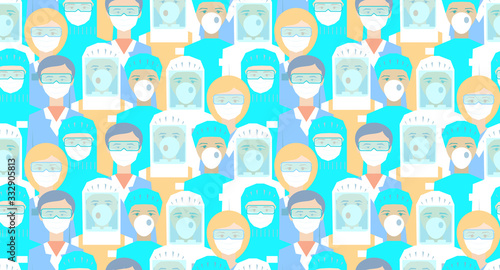 Doctors, nurses, medical staff, disinfectors, immunologists, virologists, epidemiologists. Dressed in protective medical clothing, face mask. Novel coronavirus (2019-nCoV) Seamless pattern vector. 