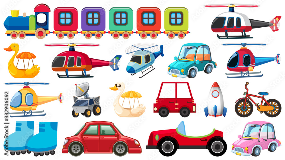 Large set of different transportations on white background