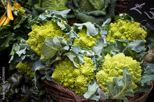 Bild auf Leinwand Romanesco broccoli cabbage for sale at farmers market