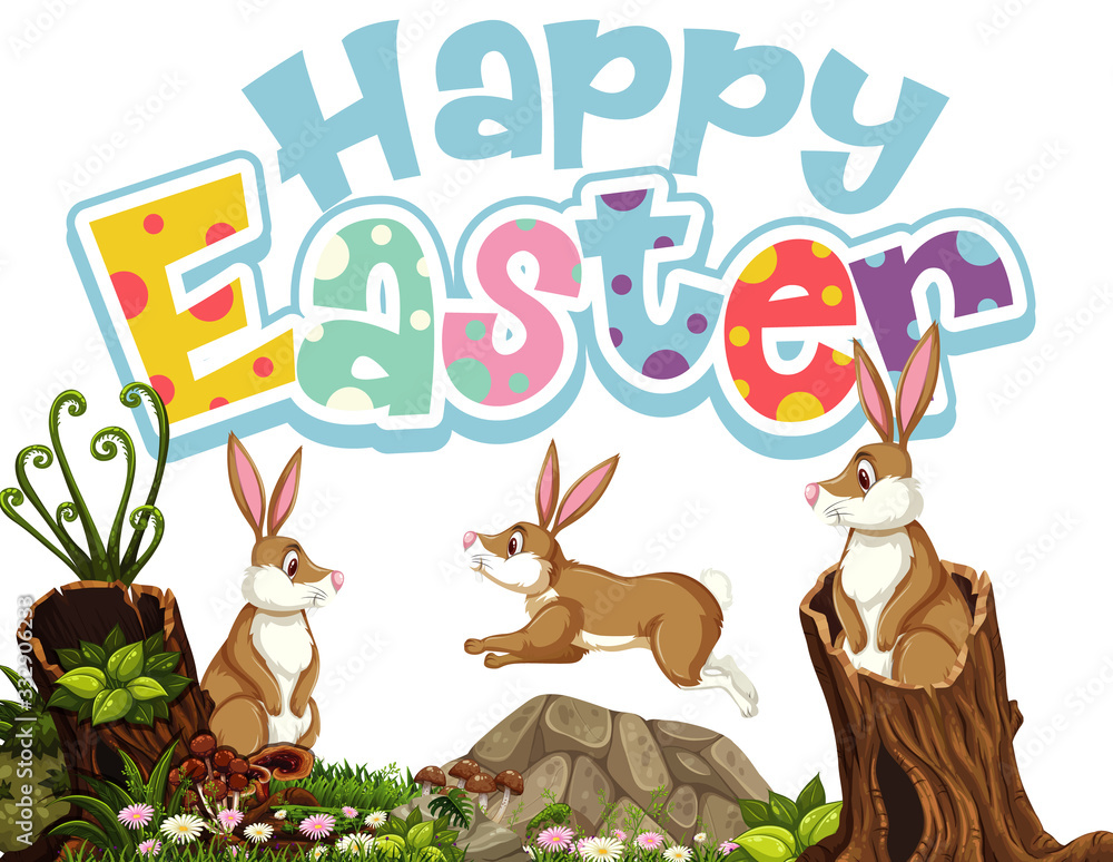 Happy Easter font design with easter bunnies in the garden