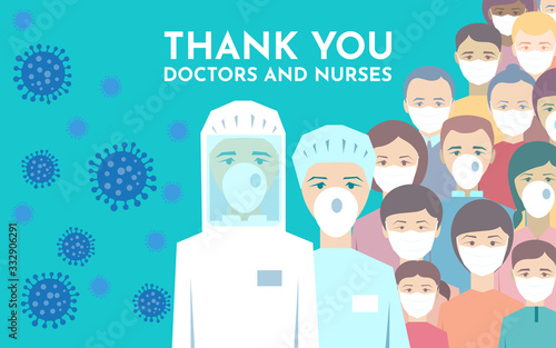 Thank you doctors and nurses working in the hospitals and fighting the coronavirus, vector illustration