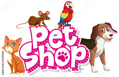 Font design for word pet shop with many animals