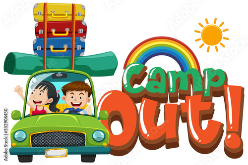 Font design for word camp out with kids driving car