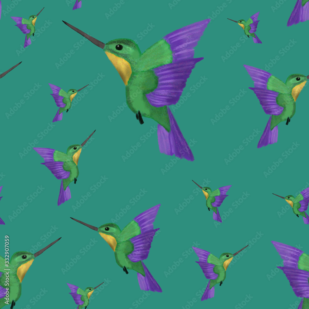 Watercolor green and violet colibri on dark blue background. Hummingbird summer print. Beach, packaging, wallpaper, textile, fabric design