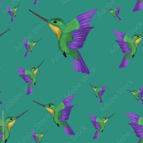 Watercolor green and violet colibri on dark blue background. Hummingbird summer print. Beach  packaging  wallpaper  textile  fabric design