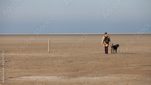 Walker with a black dog at low tide in the Wadden Sea. clear view to the horizon line
