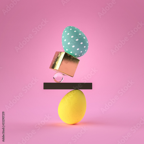 3D render of dyed Easter eggs with minimalistic objects and pink background. Contemporary style.