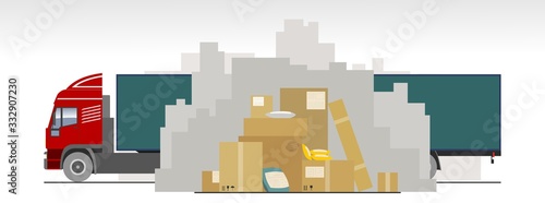 concept of delayed delivery of goods, parcels, online purchases from China due to coronavirus, 2019-nCov, covid-19. Bad mail, delivery interruptions. Mountains, heaps of unsent mailboxes, truck.