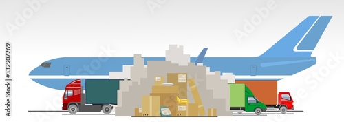 Delayed delivery of goods, parcels, packages, online purchases from China due to coronavirus. Poor mail, delivery interruptions. Mountains of boxes, trucks, airplane. Prohibition sign