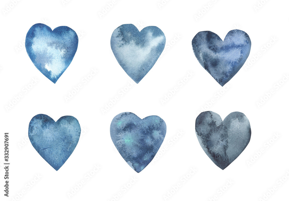 Watercolor hand drawn blue splash collection. Set of creativity watercolor spots. Watercolor dark hearts set
