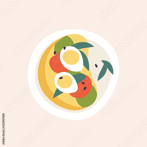 Vector illustration of avocado toast with tomato and eggs and sesame seeds. Vegan sandwich.