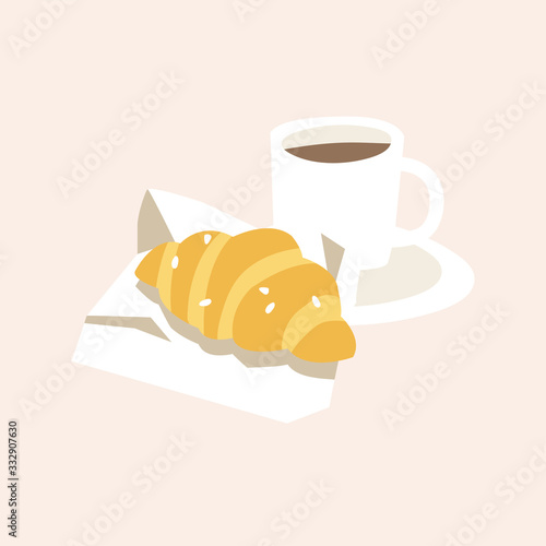 Vector illustration french traditional breakfast - cup of coffee and croissant. Delicious lunch.