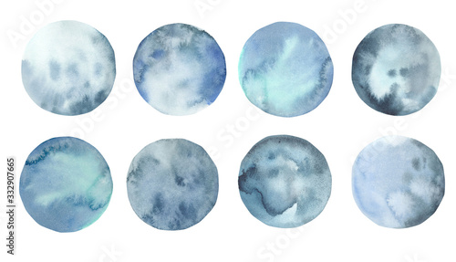 Watercolor hand drawn blue splash collection. Set of creativity watercolor spots. 