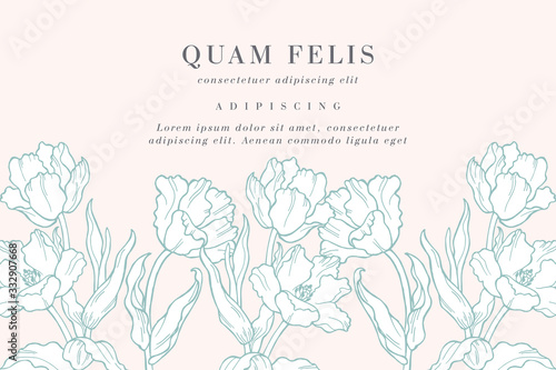 Vintage card with tulip flowers. Flower frame for flower shop with label designs. Summer floral lily greeting card. Flowers background for cosmetics packaging.