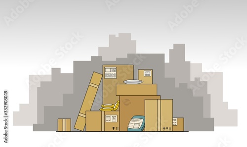 Delayed delivery of goods, parcels, online purchases from China, Europe due to coronavirus, 2019-nCov, covid-19. Bad mail, delivery interruptions. Mountains, heaps of unsent mail boxes