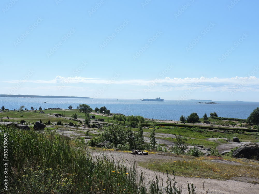 View of summer park and sea in Kotka, Finland